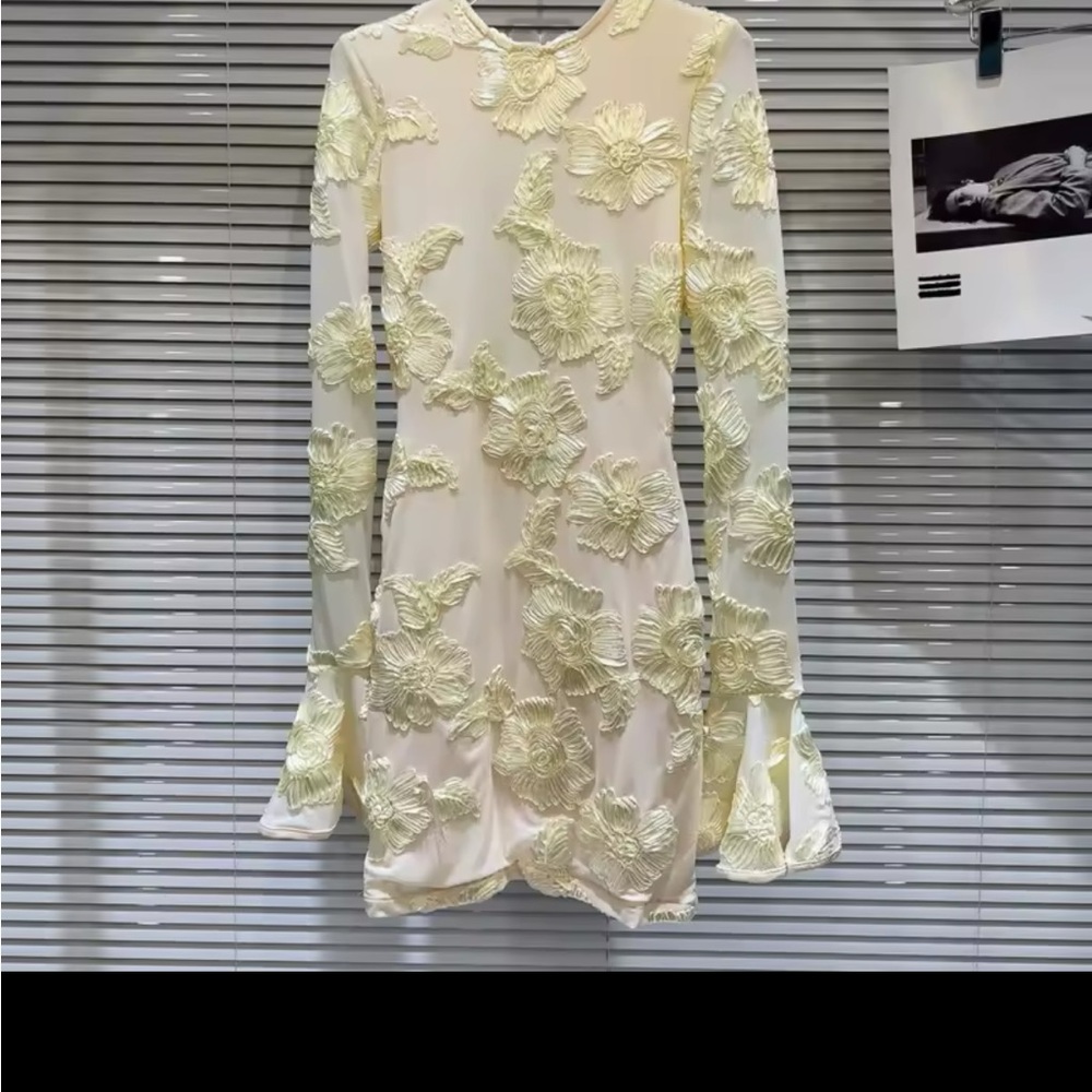 Long Flare Sleeve Embroidered Floral Back Hollow Out Short Beige Cream Dress
